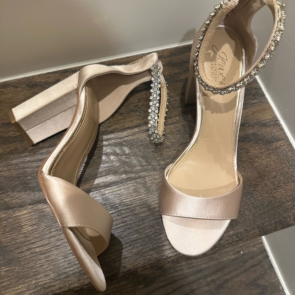 Jewel Badgley Mischka Satin Heels with Rhinestone Strap